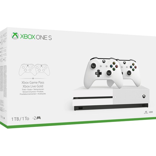 Xbox One S 1 TB + bundle med två kontroller (vit)