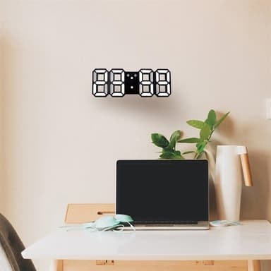 Stor digital väggklocka / väckarklocka i 3D med vita LED-siffror – Multifunktion
