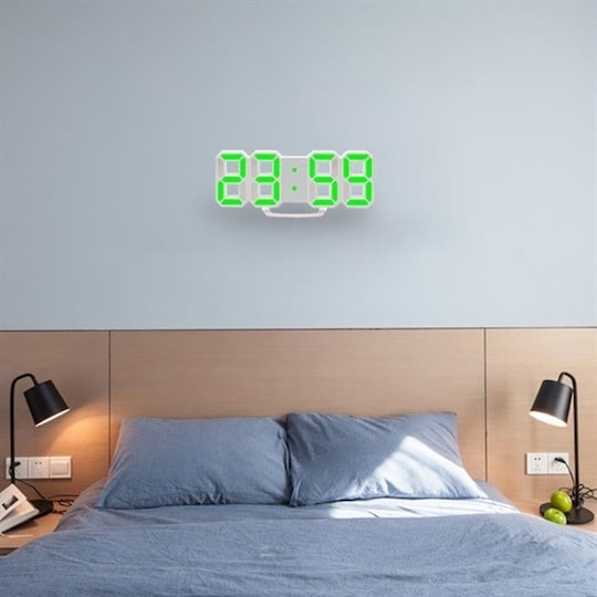 Stor digital väggklocka / väckarklocka i 3D med ljusgrönt LED-ljus