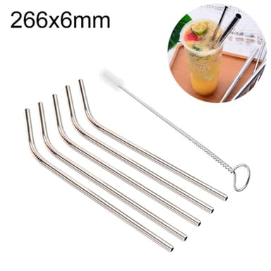 Återanvändbara böjda sugrör i rostfritt á 266x6mm i 5-pack - Silver