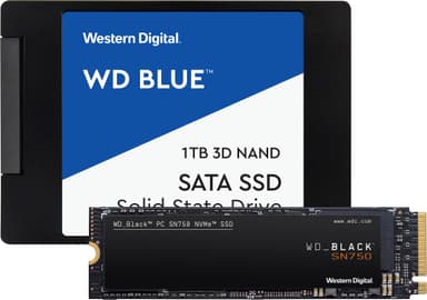 WD Blue 2.5"" 1TB SSD & WD Black SN750 500GB NVMe SSD-lagring