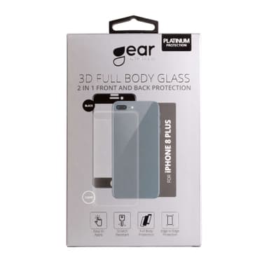 GEAR Härdat Glas 3D 2in1 Front & Back iPhone8 Plus Edge to Edge Svart med Klar baksida