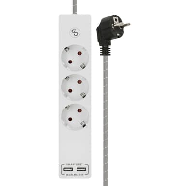 SMARTLINE Grenuttag 3-vägs/USB Vit Tygkabel 1.5 m Grå/Vit