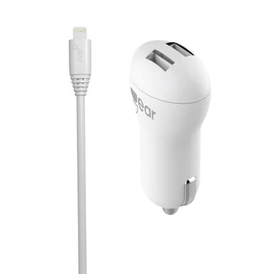 GEAR Laddare 12-24V 2xUSB 2,4A Vit Lightning Kabel Rund 1m MFI
