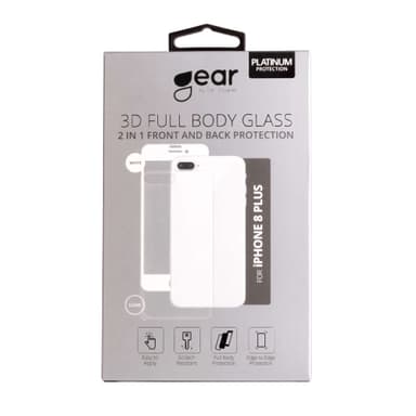 GEAR Härdat Glas 3D 2in1 Front & Back iPhone8 Plus Edge to Edge Vit med Klar baksida