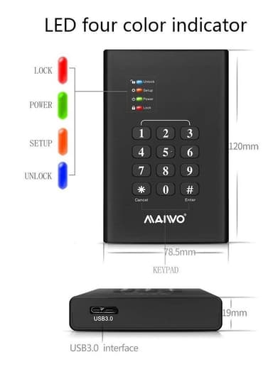 Maiwo K2568KPA USB 3.1 5Gbps Extern hårddsikkabinett 2,5tum HDD SSD med AES-256 bit kryptering säkerhetsfunktion