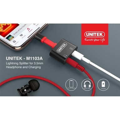 UNITEK M1103A Lightning splitter adapter till 3,5mm hörlur och Lightning laddning