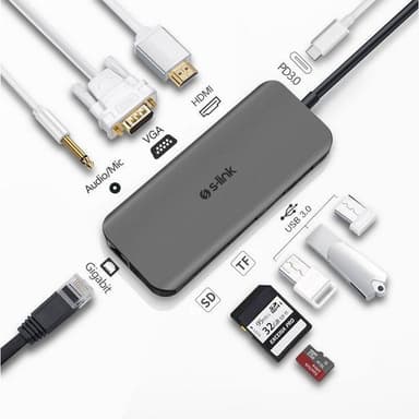 NÖRDIC 1 till 10 USB C Dockningsstation 1xHDMI 4K i 30Hz, 1xVGA 1080P i 60Hz, 1xUSB C PD60W, 3xUSB A hubb 1xGiga Ethernet, 2xkortläsare SD MicroSD, 1x Audio