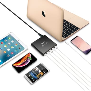 NÖRDIC 60W 5Ports Laddningsstation 1xUSB C 60W PD och 4xUSB A 20W  QuickCharger 3.0  total 80W kompatibel med USB IF USB Certified Charger 60W 1,5m kabel
