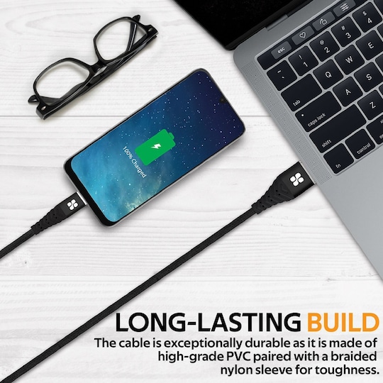 PROMATE 1,2m USB C till USB A för 3A laddning och synkning med super slim design och nylontextil kabel