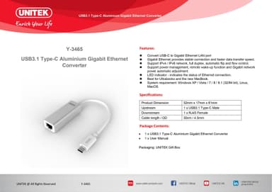UNITEK Y-3465 USB C till Giga Ethernet Nätverksadapter 10cm Silver Aluminium