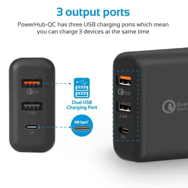 Promate POWERHUB-QC 3 Ports laddare med USB C 15W, USB A 18W QC 3,0 Qualcomm Quickcharger och standard USB A 5V2,4A Max 30W svart