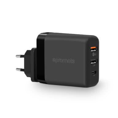 Promate POWERHUB-QC 3 Ports laddare med USB C 15W, USB A 18W QC 3,0 Qualcomm Quickcharger och standard USB A 5V2,4A Max 30W svart