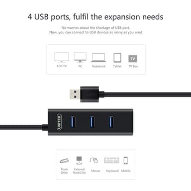 UNITEK Y-3089 Superspeed USB A 5Gbps hubb med 4 portar
