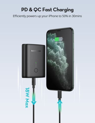 RAVPower Pioneer 10.000 mAh 18W PD + QC 2 Powerbank, Svart