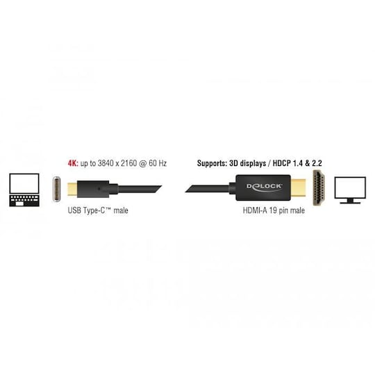 DeLock 2m USBC till HDMI 4K 60Hz kabel stöd för HDCP1.4 och 2.2