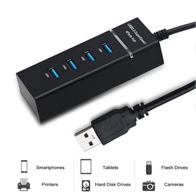 USB 3.0 Hub med fyra portar - Svart
