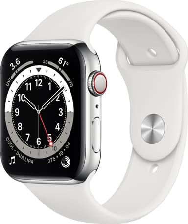 Apple Watch Series 6 44mm GPS+Cellular (silver stål/vit sportarmband)