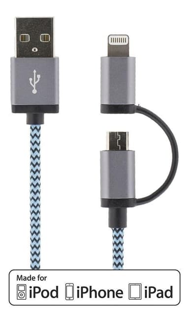 STREETZ USB-kabel, USB Micro B ha och lightning ha, MFi, 1m, blå (IPLH-242)