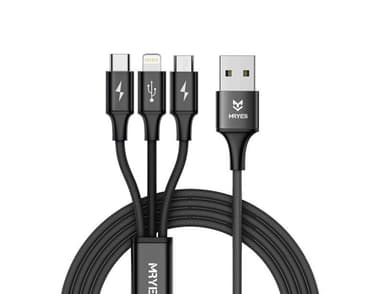 Mr Yes Tygbeklädd 3 i 1 kabel - Extra tålig, Lightning, MicroUSB, USB-C