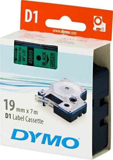 DYMO D1 märktejp standard 19mm, svart på grönt, 7m rulle (45809)