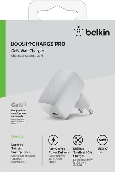 Belkin BOOST CHARGE Pro 60W GaN USB-C väggladdare (vit)