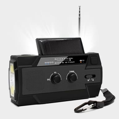 Multifunktionell överlevnadsradio med solpanel och handvev