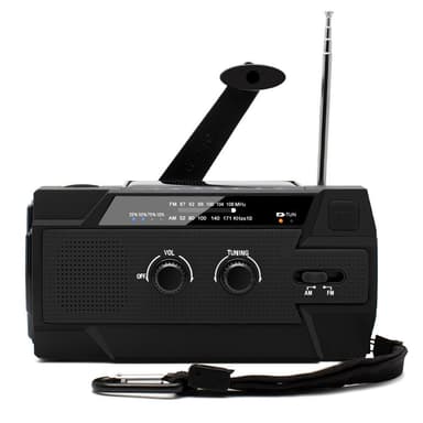 Multifunktionell överlevnadsradio med solpanel och handvev