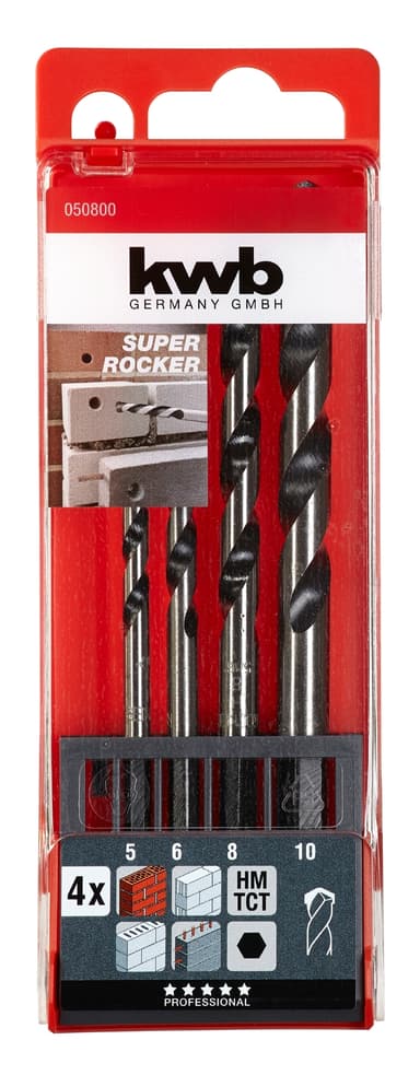 Murbor med sekskantet skaft, ROCKER, 5-10 mm, i boks, 4 deler