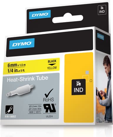 DYMO RhinoPRO märkbar krympslang 6mm, svart på gult, 1.5m rulle