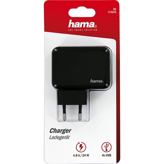 HAMA Charger 220V 4xUSB 4.8A nätadapter (svart)