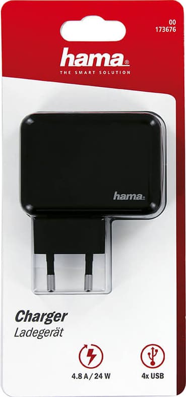 HAMA Charger 220V 4xUSB 4.8A nätadapter (svart)