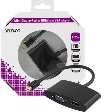 DELTACO mini DisplayPort till HDMI och VGA-adapter, 0,25m, svart