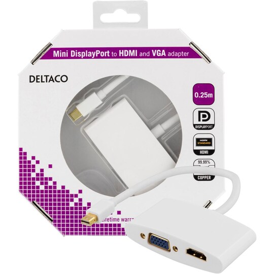 DELTACO mini DisplayPort till HDMI och VGA-adapter, 0,25m, vit