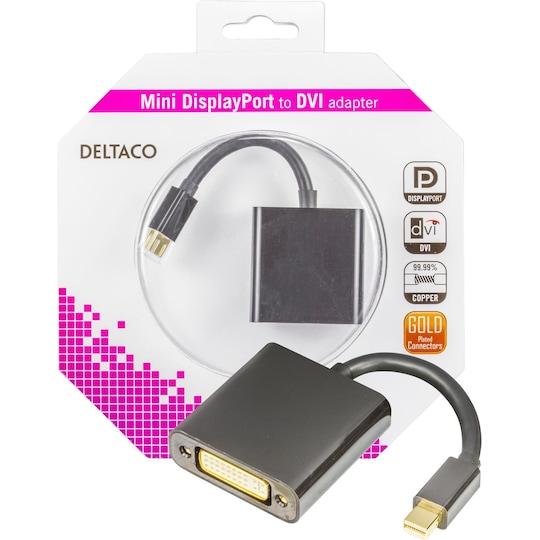 DELTACO mini DisplayPort till DVI-D adapter, FullHD i 60Hz, 9 Gb/s,