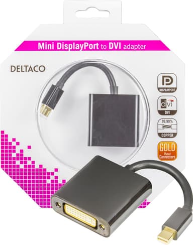 DELTACO mini DisplayPort till DVI-D adapter, FullHD i 60Hz, 9 Gb/s,