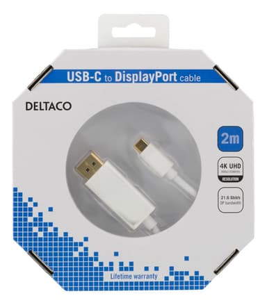 DELTACO USB-C till DisplayPort-kabel, 2m, 4K, 3D, vit