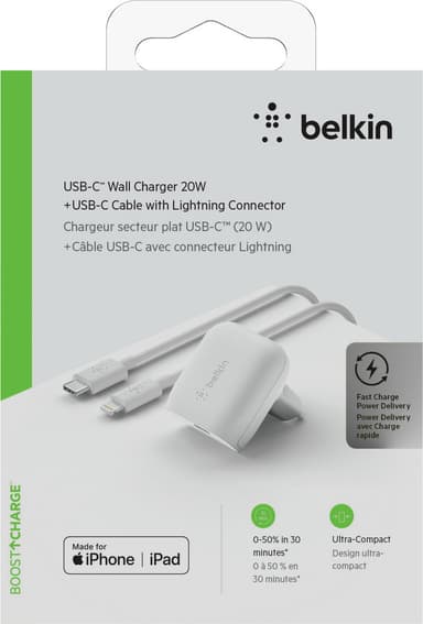 Belkin 20W väggladdare + USB-C- till Lightning-kabel (vit)