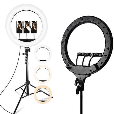 LED Ring Light/selfie lampa 45cm diameter med mobilhållare för 3 mobil med golvstativ, 10 steg dimbar tre vita ljuslägen ring lampa ring ljus