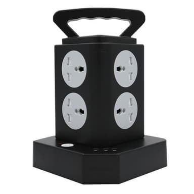 Kubformat grenuttag med 8 eluttag och 3 USB (2.4A) Svart