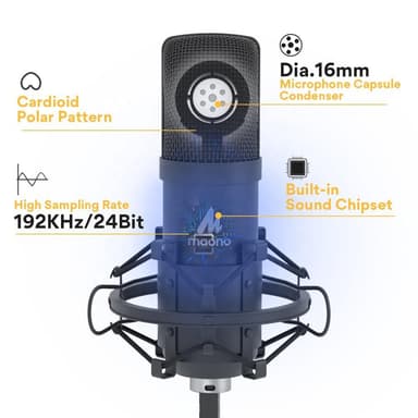MAONO USB Podcasting Microphone Kit, 16mm mikrofon, arm med fäste, filter, svart