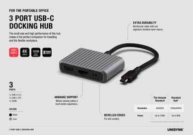 Unisynk 3 Port USB-C hubb (grå)