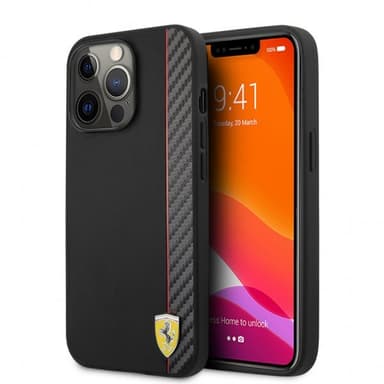 Ferrari iPhone 13 Pro Skal Carbon Effect Metal Logo Vertical Stripe Svart