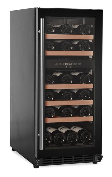 Cavin Inbyggbar vinkyl, Scandinavian Collection 800 Black, svart vinkyl, 29 flaskor, två temperaturzoner, fem trähyllor