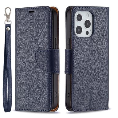 SKALO iPhone 13 Pro Premium Litchi Plånbok - Mörkblå