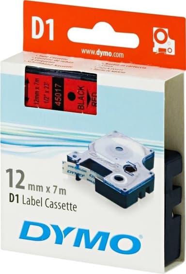 DYMO D1 märktejp standard 12mm, svart på rött, 7m rulle (45017)