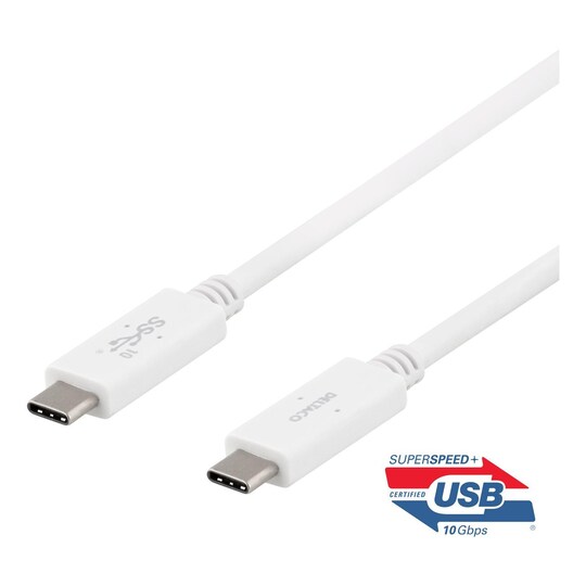 DELTACO USB-C - USB-C kabel, 1m, USB 3.1 Gen 2, E-marker chipset, vit