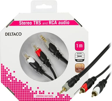 DELTACO ljudkabel 3,5mm ha - 2xRCA ha, guldplätterad, 1m