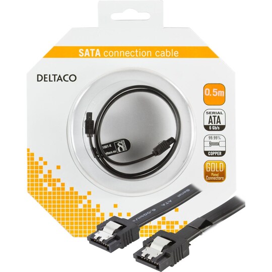 DELTACO SATA-kabel, SATA 6Gb/s, lås-clips, rett-rett, 0,5m, svart
