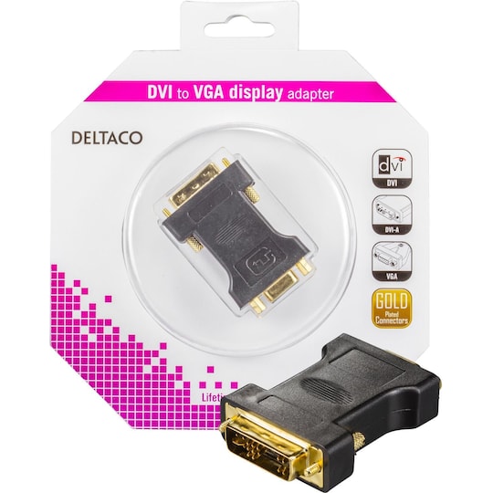 DELTACO DVI-adapter, analog DVI - analog VGA, ha - ho, guldpläterad